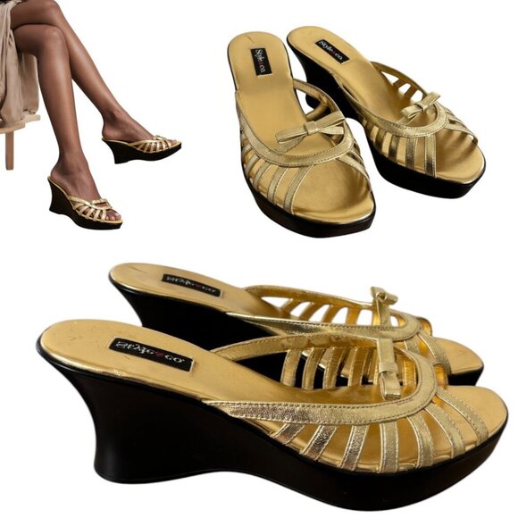 VINTAGE Y2K 2000'S GOLD BOW STRAPPY WEDGE PLATFORM SANDALS SIZE 7 NEW - Picture 2 of 4